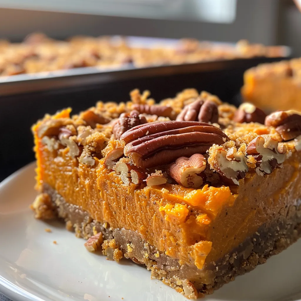 Side angle photo of Sweet Potato Pie Bars showcasing a crumbly texture.