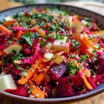Close-up of a colorful Nourishing Detox Salad with beets, apple, and carrots.