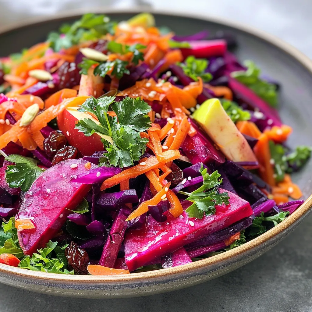 Side view of a vibrant salad featuring julienned beets and fresh greens.