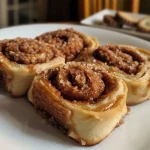 Close-up view of juicy vegan gingerbread cinnamon rolls with a rich glaze.
