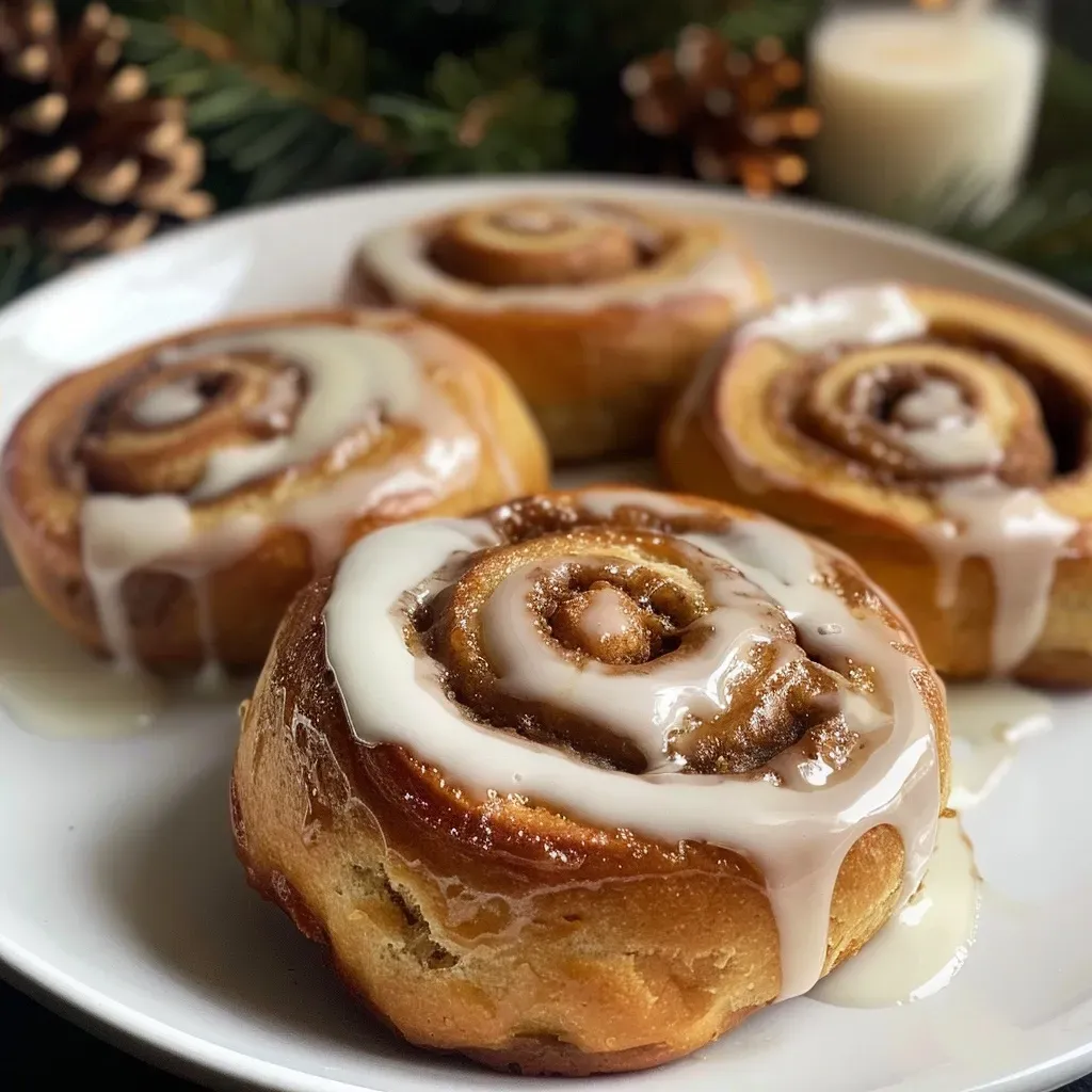 Side view of soft and fluffy vegan gingerbread cinnamon rolls drizzled with cream cheese icing.