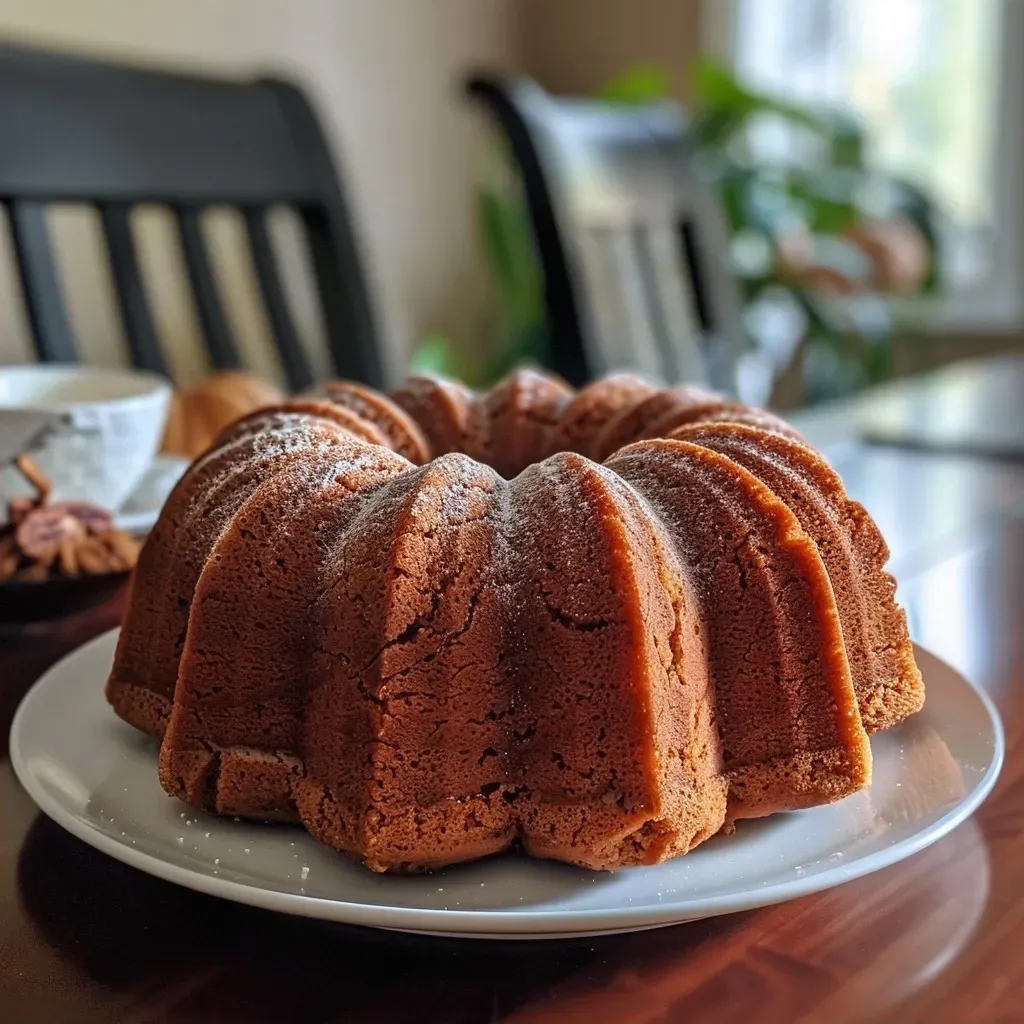 Close-up side view of a vegan pumpkin bundt cake topped with a shiny maple glaze and pecans.