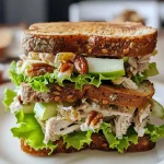 A close-up view of a juicy Waldorf turkey sandwich on raisin bread with visible ingredients.
