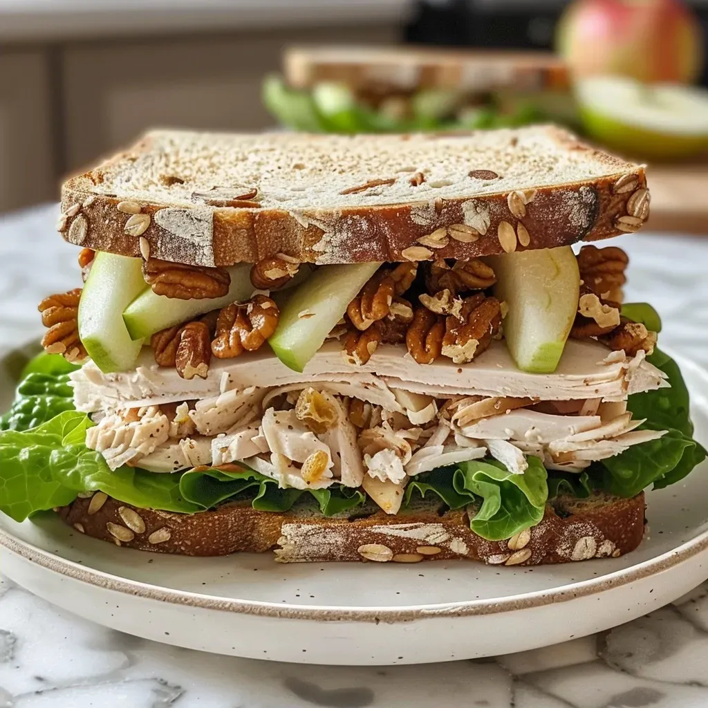 Side view of a delicious Waldorf turkey sandwich featuring turkey, apples, and walnuts.