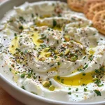 Close-up view of a creamy whipped feta dip drizzled with honey and topped with pistachios.