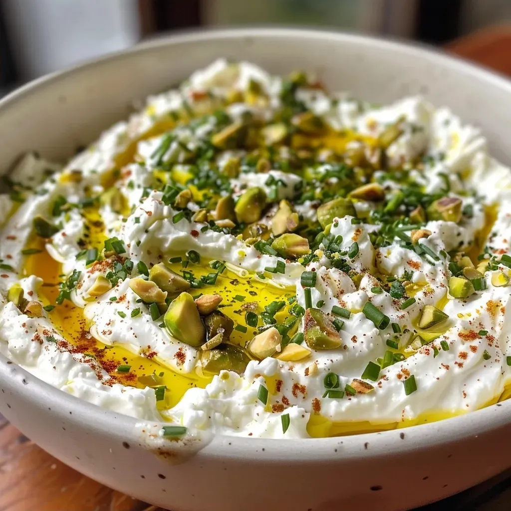 Side angle of whipped feta with honey, garnished with chives and cracked black pepper.