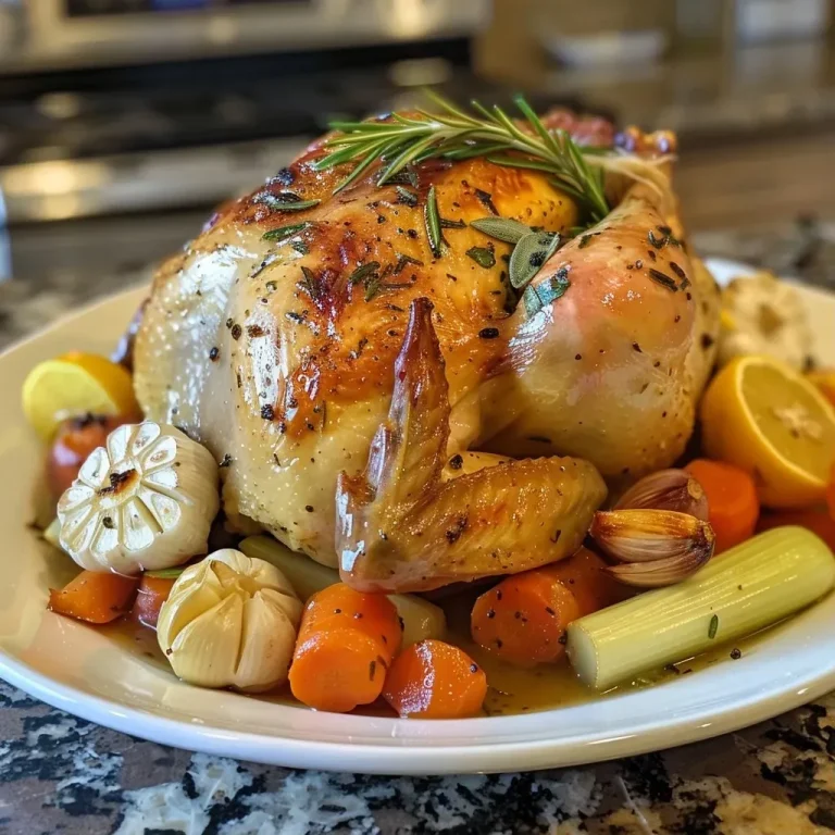The Whole Roast Chicken That Brings Family Together Juicy whole roast chicken with golden skin and vegetables on a platter.