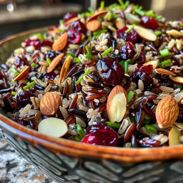 Harvest Blessings: A Wild Rice and Cranberry Salad to Cherish A vibrant Wild Rice and Cranberry Salad featuring rich brown wild rice, bright red cranberries, and toasted almonds.