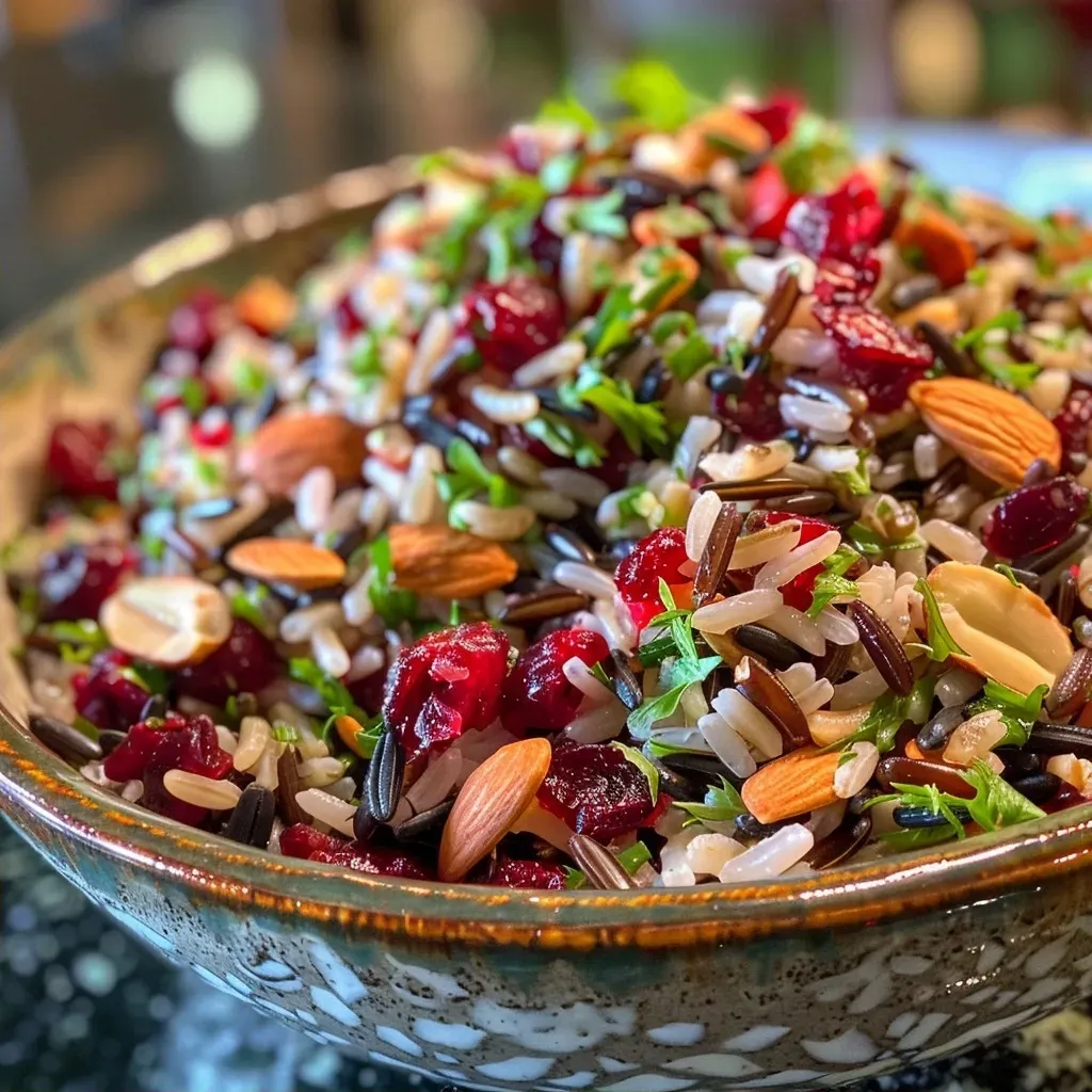 Close-up of a colorful Wild Rice and Cranberry Salad highlighting juicy cranberries and crunchy almonds.