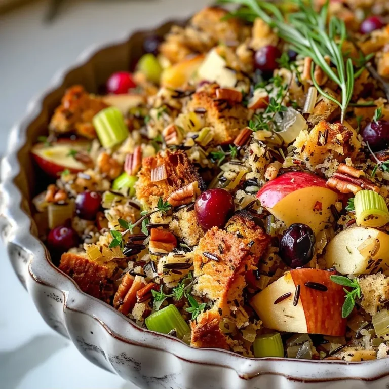 Gather Around: The Wild Rice Stuffing That Brings Us Together Close-up view of Wild Rice Christmas Stuffing showcasing a mix of rice, vegetables, and cranberries.