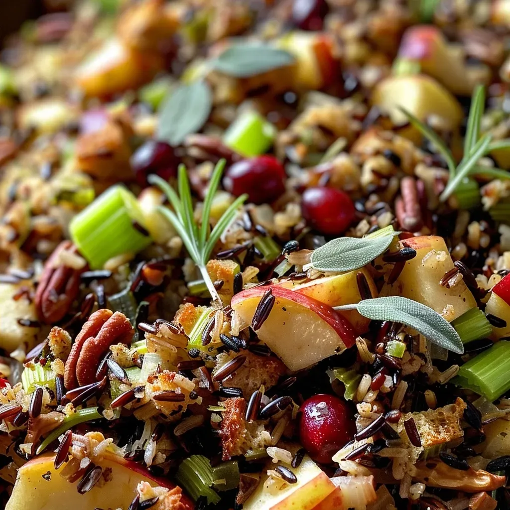 Detailed angle of Wild Rice Christmas Stuffing highlighting diced apples, celery, and pecans.