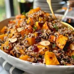 Close-up view of a bowl of wild rice pilaf with corn, cranberries, and pecans.