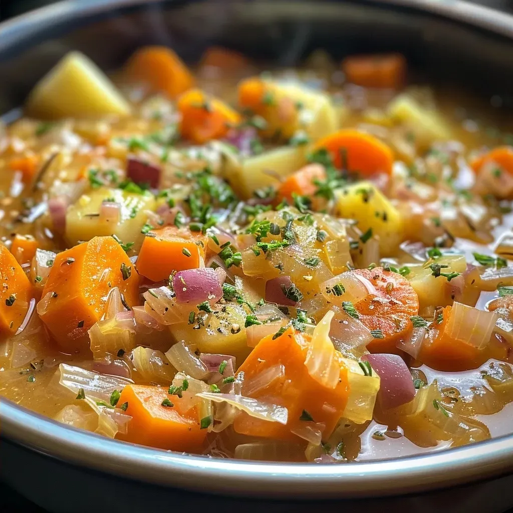 Side view of a creamy winter root vegetable soup garnished with herbs and vegetables.
